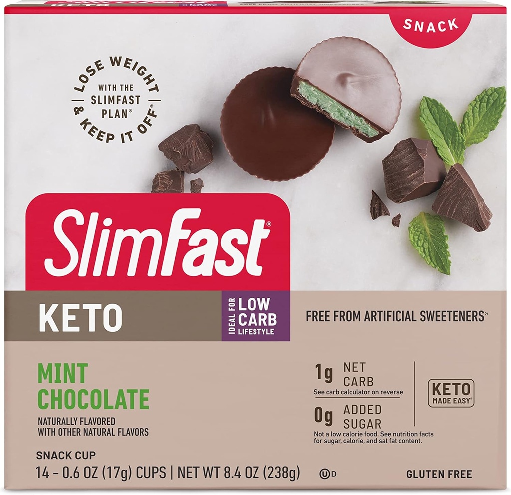 SlimFast Keto Fat Bomb Snack Cup, Mint čokolada, Keto Prigrizki za hujšanje, Nizka karb z 0g dodanega sladkorja, 14 Count Box (Packaging May Vary)
