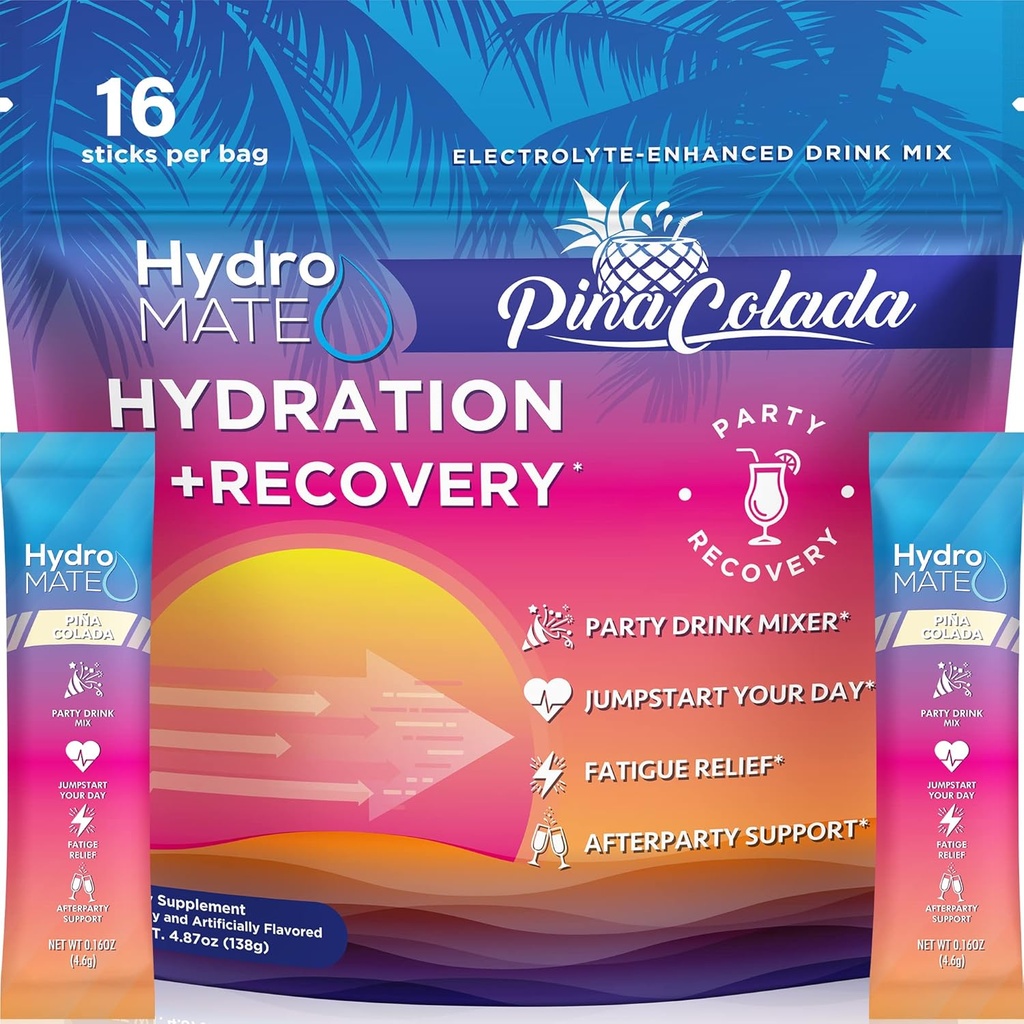 HydroMATE Elektroliti Powder Packets Ananas Hidracijski pospeševalnik Nizek sladkor Stranka favors for recovery Tropical Piña Colada 16 palice