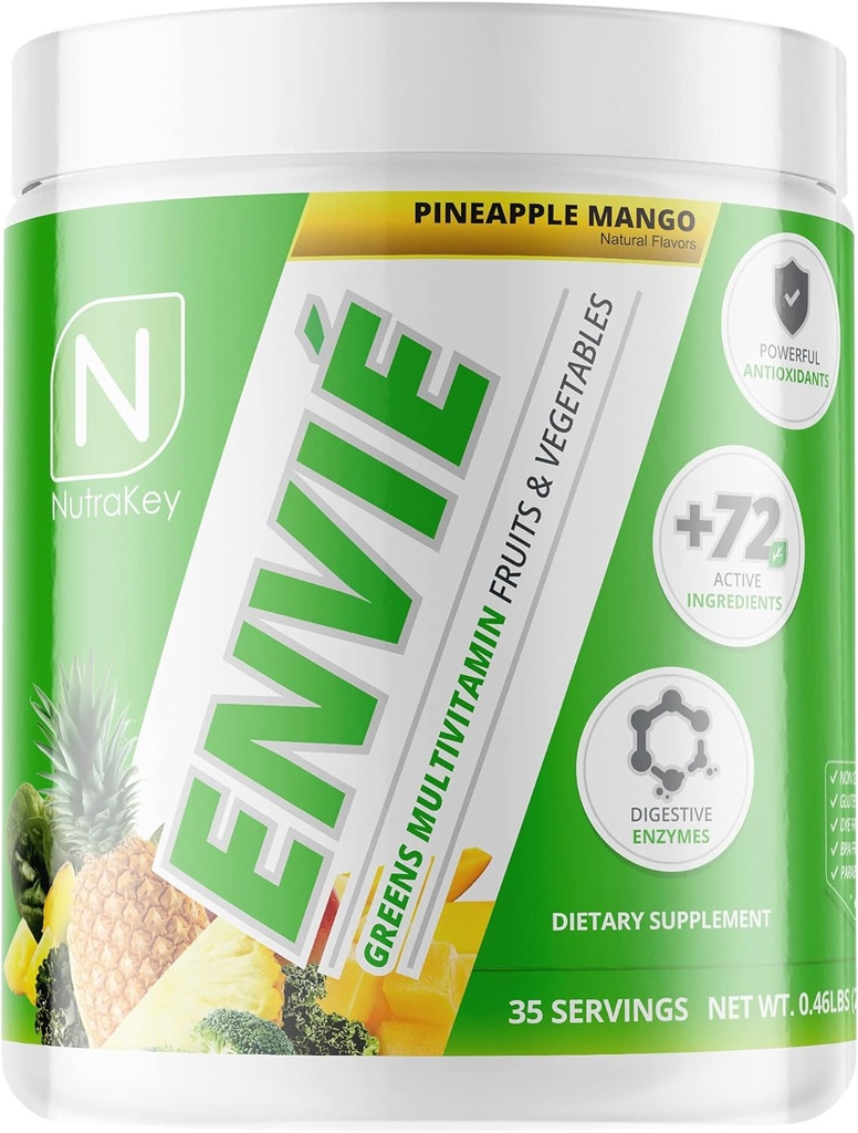 NutraKey Envie multivitaminski prašek, keto multivitamin za moške in ženske, sadje, zelena, antioksidanti, prebavni encimi, aminokisline, vitamin B organski prah (Pineapple, 210g)