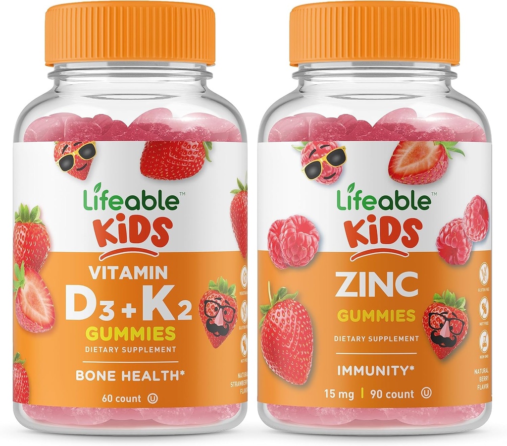 Življenjski Vitamin D3 + Vitamin K2 Otroci + Cink Otroci, Gumies Bundle - odličen okus, Vitamin dopolnilo, Gluten brezplačno, GSO brezplačno, Žvečljivi Gummy
