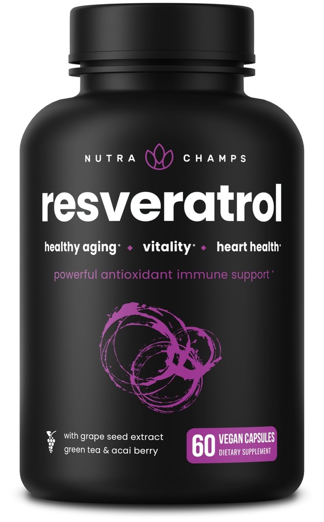 NutraChamps Resveratrol dodatek, ekstra moč Formula za zdravo staranje, imunske podpore, 60 Veganske kapsule s Trans-Resveratrol, zeleni čaj list, Acai Berry & Grozdni ekstrakt