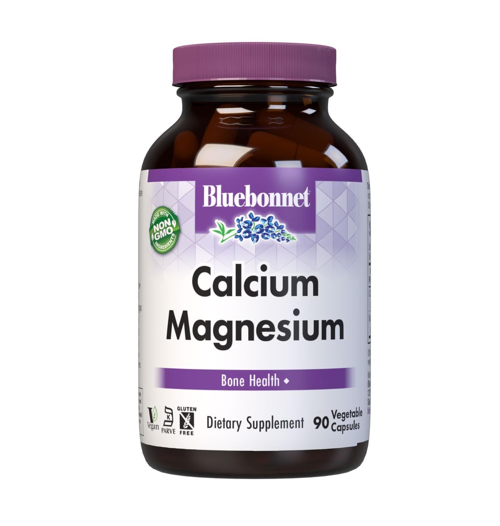 Bluebonnet Nutrition Calcium & Magnezij, Zdravje kosti*, Non-GMO, Vegan, Kosher Certified, Gluten-free, Soy-free, 90 Zelenjavne kapsule, 30 Servings