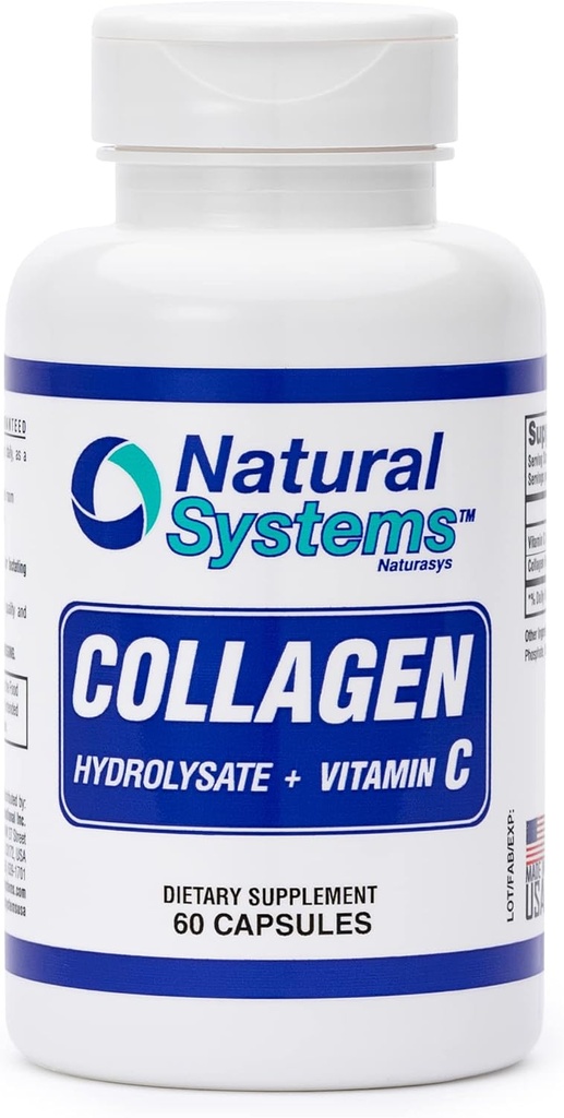 Kolagen Plus Vitamin C po naravnih sistemih 60 Kapsule - kolagen hidrolizat in vitamin C za vitalne lase in kožo - kolagen dopolnila ženske in moški - hidrolizirane kolagen peptidi v prahu tablete