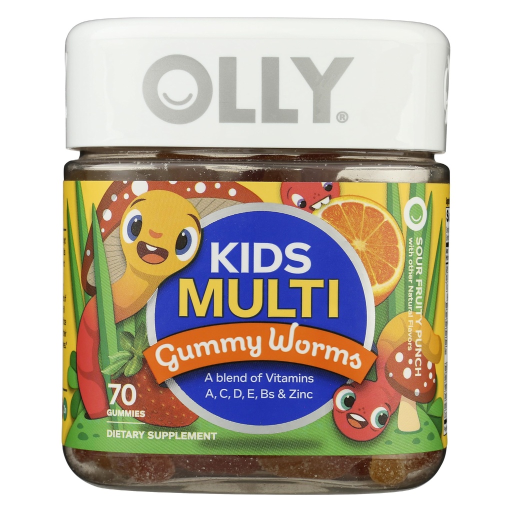 OLY otroci multivitaminski gumijasti črvi, splošno zdravje in imunske podpore, vitamini in minerali A, C, D, E, Bs in cink, Žvečljiva dopolnilo, Sour Fruit Punch, 45 dan dobave - 70 Count