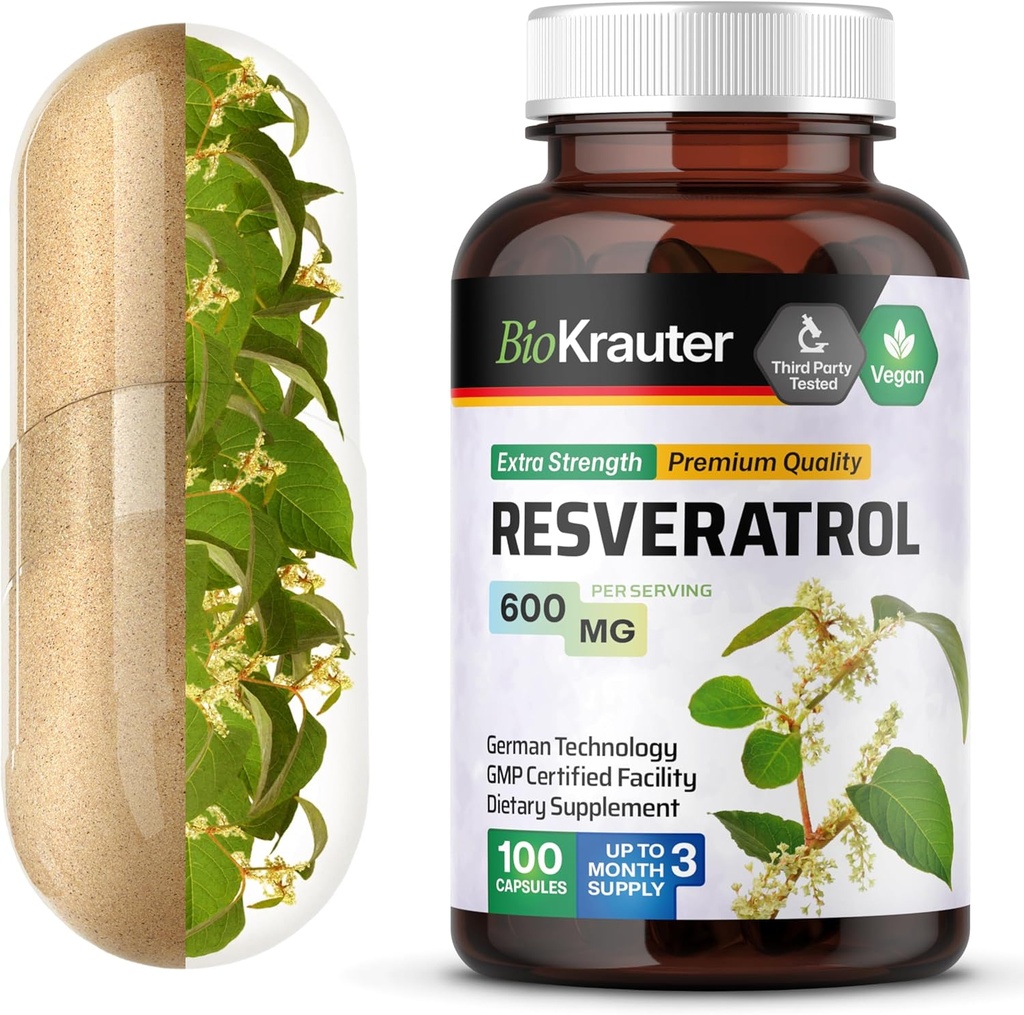 BIO KRAUTER Resveratrol Dodatne kapsule 600 mg - 100 Count - naravni antioksidant Vir - 98% Pure Trans Resveratrol Powder - Vegan