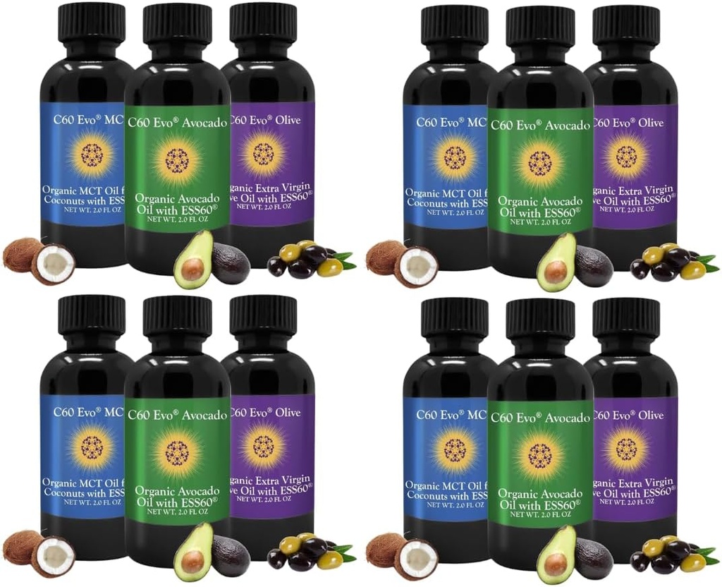 Vse-naravna Užitna olja, Mini Oil Vzorčni komplet s čisto C60 ESS60, Imunska podpora in skupni dodatek za podporo z oljčnim oljem, Avocado Oil & MCT Kokosovo olje, Garnitura 12, 2 Oz vsak