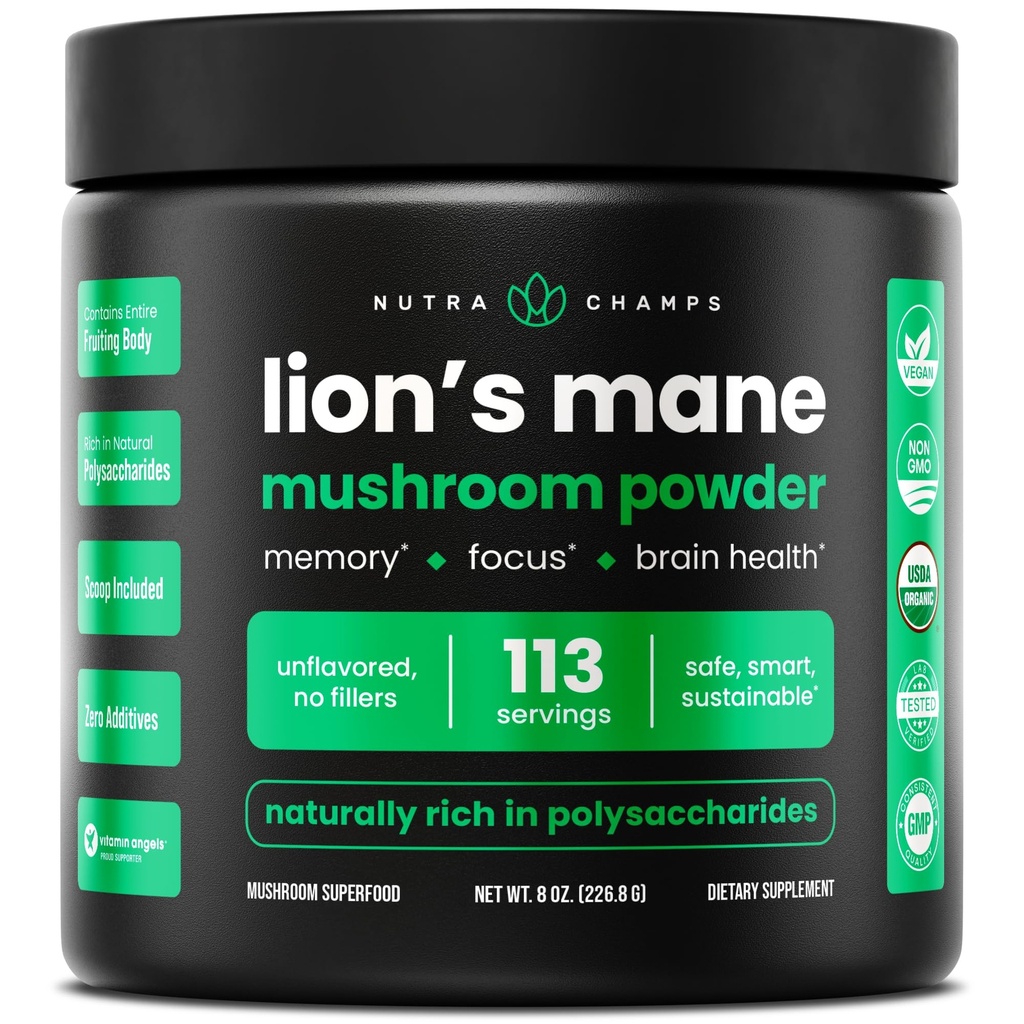 NutraChamps Organic Lions Mane Powder - 2000mg Močan nootropik za spomin, Fokus, Imunska podpora - Veganski lev Mane Gobe Powder dodatek z naravno Occuring Beta-Glucans - 8oz