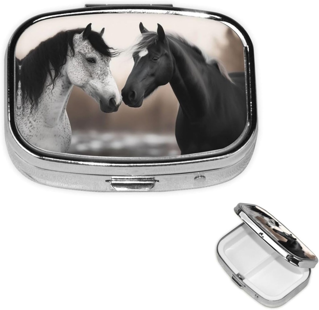 Zaboj z Mirror Retro 2 Compartment Pill Box Črni in beli konji mali tablete Organizator za Purse ali Pocket Okrasna kovinska medicina Vitamin Organizer Unikatna darila