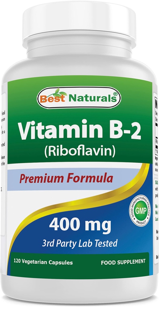 Best Naturals Vitamin B2 (Riboflavin) 400mg - Migrena Relief - Veggie Kapsule - Conezyme Precursor - 120 Število