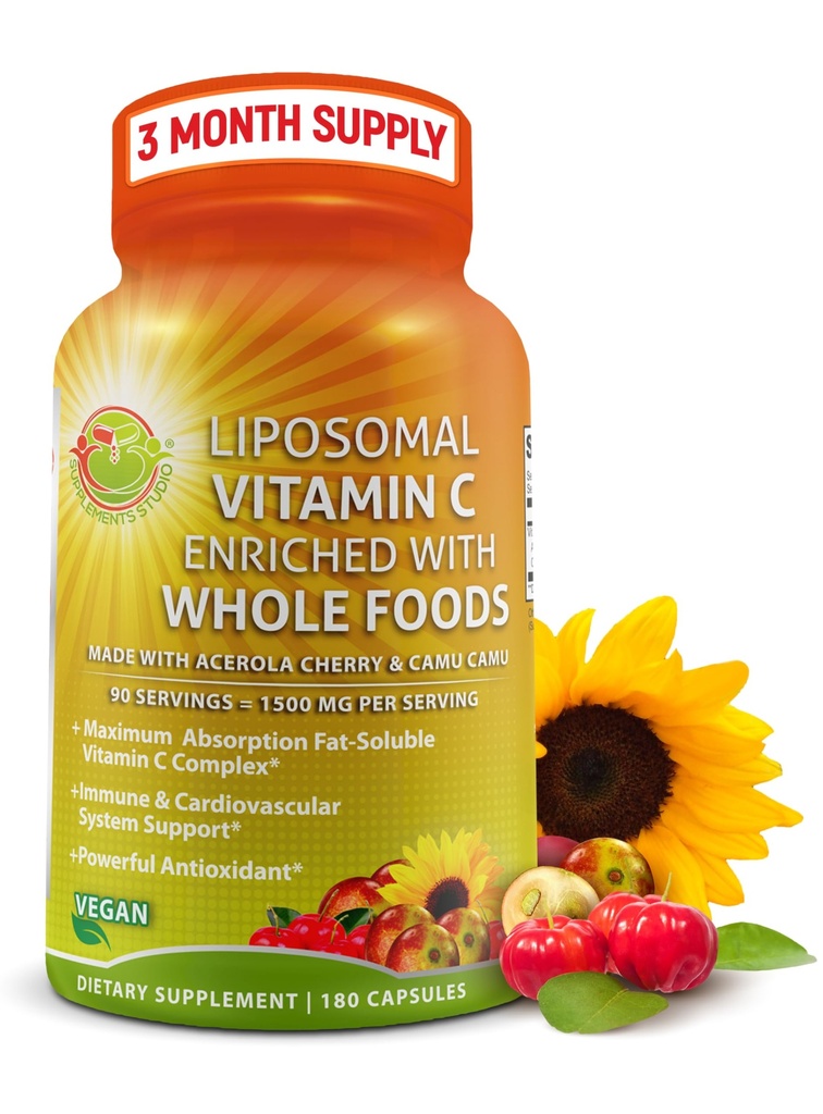Liposomske kapsule vitamina C - 1500mg - narejene z organskimi češnjami Acerola & Camu Camu, visoko potencialnim vitaminom C Liposomal - Imunska podpora, Izboljšana absorpcija in biorazpoložljivost - 180 števk