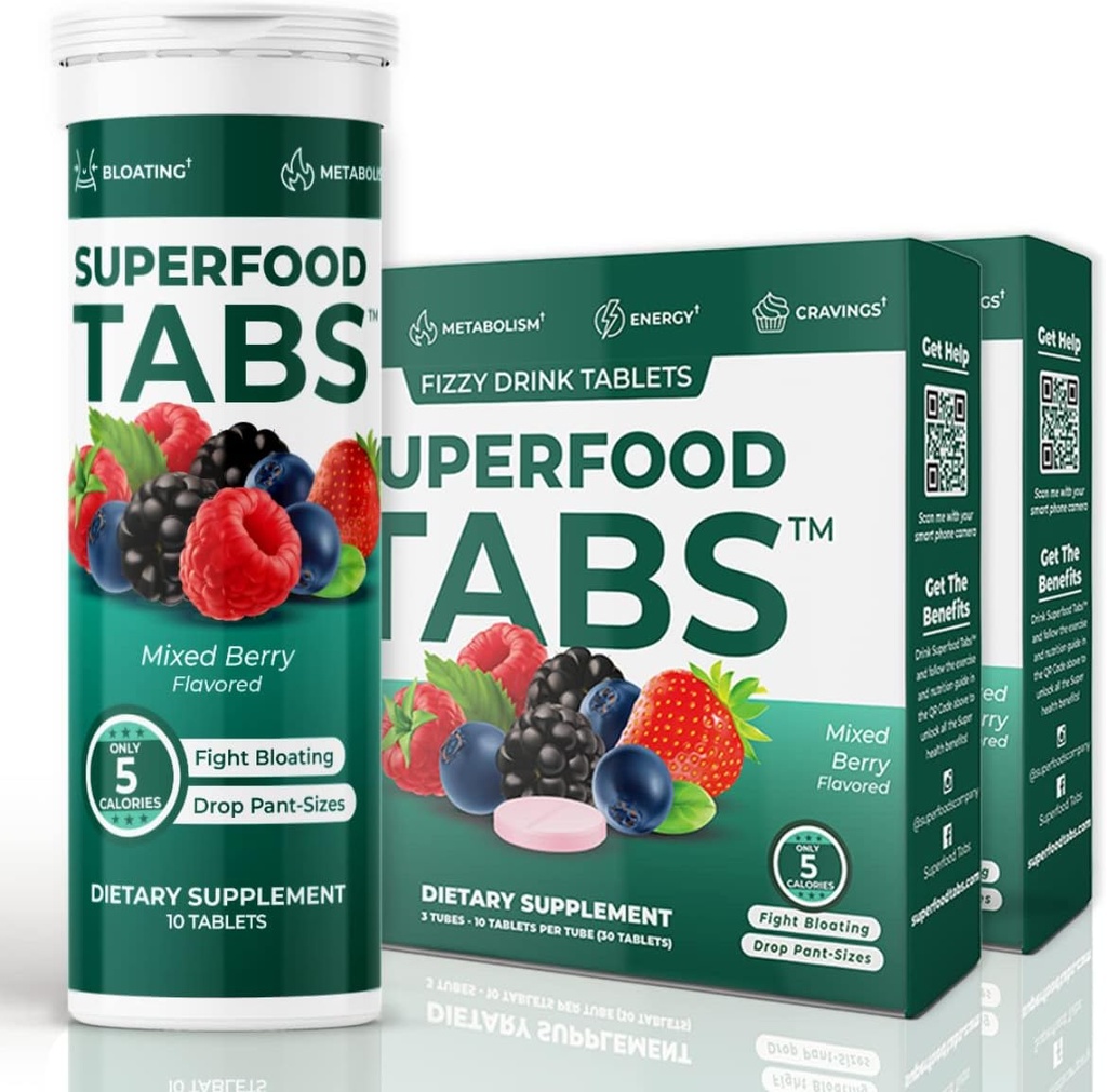 Superfood Tabs Superfoods Podjetje Detox Cleanse Drink - prehranska dopolnila za ženske in moške - Podpora Zdrava teža, Prebavno zdravje, Cravings & Bloating Relief - Mešane jagodne arome [60 tablet]