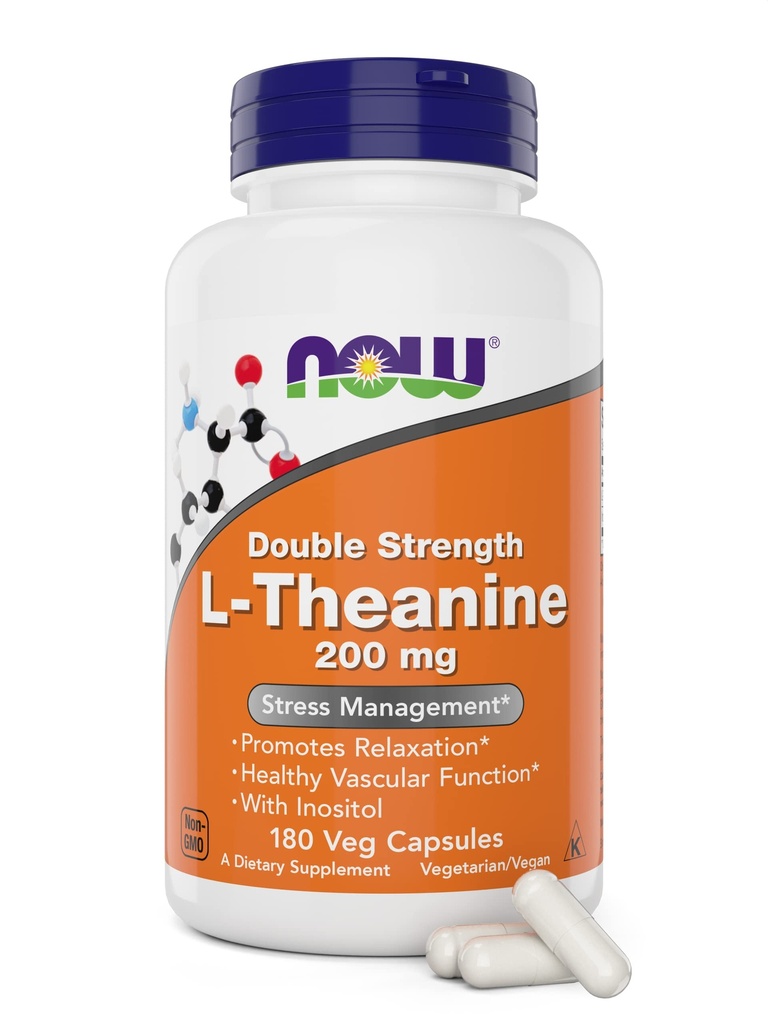 NOW Foods L-Theanin, dvojna moč 200 mg na kapico - 180 Veg kapsule - okrepljeno s 100mg Inositol - Vegetarian, Non-GMO - Ltheanin 200mg dodatek
