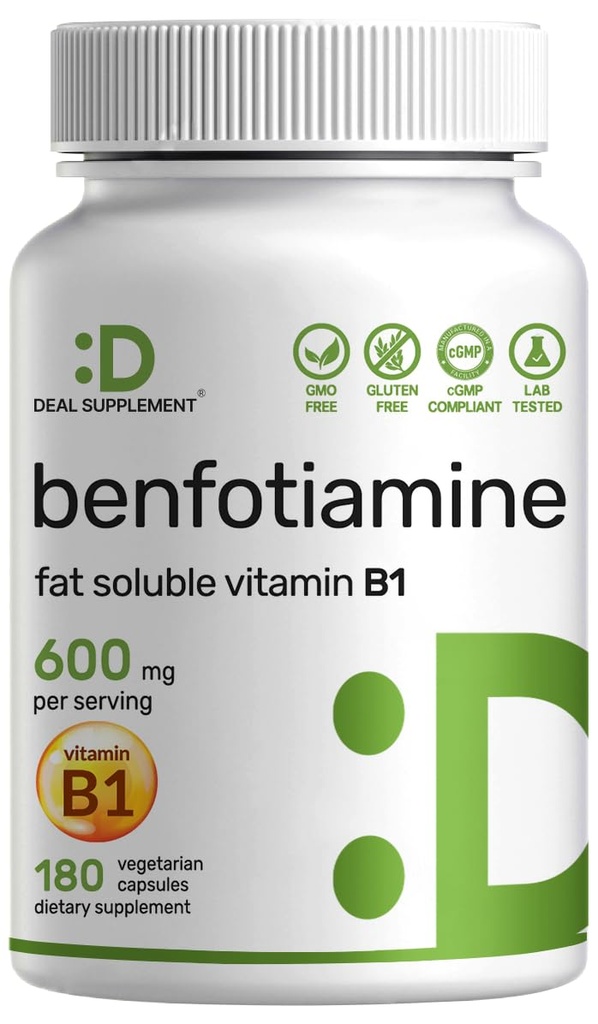 Benfotiamin 600mg na serviranje, 180 Veggie kapsule (300mg na kapico) – Topen vitamin B1 Tiamin dodatek – 3. stranka Tested, Vegan, Ne-GMO, Gluten brez