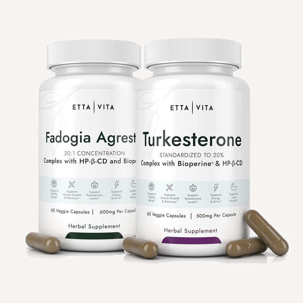 Fadogia Agrestis 600mg + Turkesterone 500mg Bundel (2X Več Pure - 20% Std Extract) (3X Absorbentnost z BioPerin & Hydroxypropil-Beta-Cyclodekstrin) podpira zdravo okrevanje mišic, Stamina - Vegan