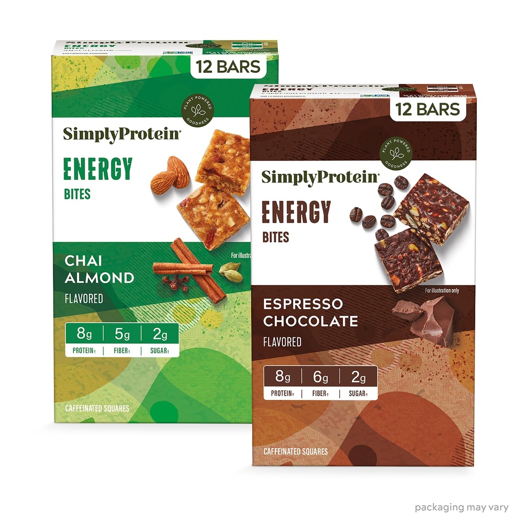 Preprosto Beljakovine - Energijski ugrizi Variety Pack, 24 Barov - Rastlinski kofeinski kvadrati - 55mg Kofein - Energy Boost - 8g Beljakovine, 2g Sladkor, 5-6g Fiber, 120-130 Kalorije - Vegan, Gluten Free, Non GSO