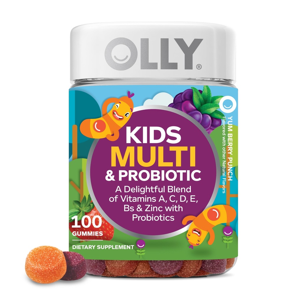OLY otroci Multivitaminski & probiotični Gummy, Prebavna podpora, Vitamini A, D, C, E, B, Cink, Žvečljivi dodatek, Berry aromated, 50 Day Supply - 100 Count