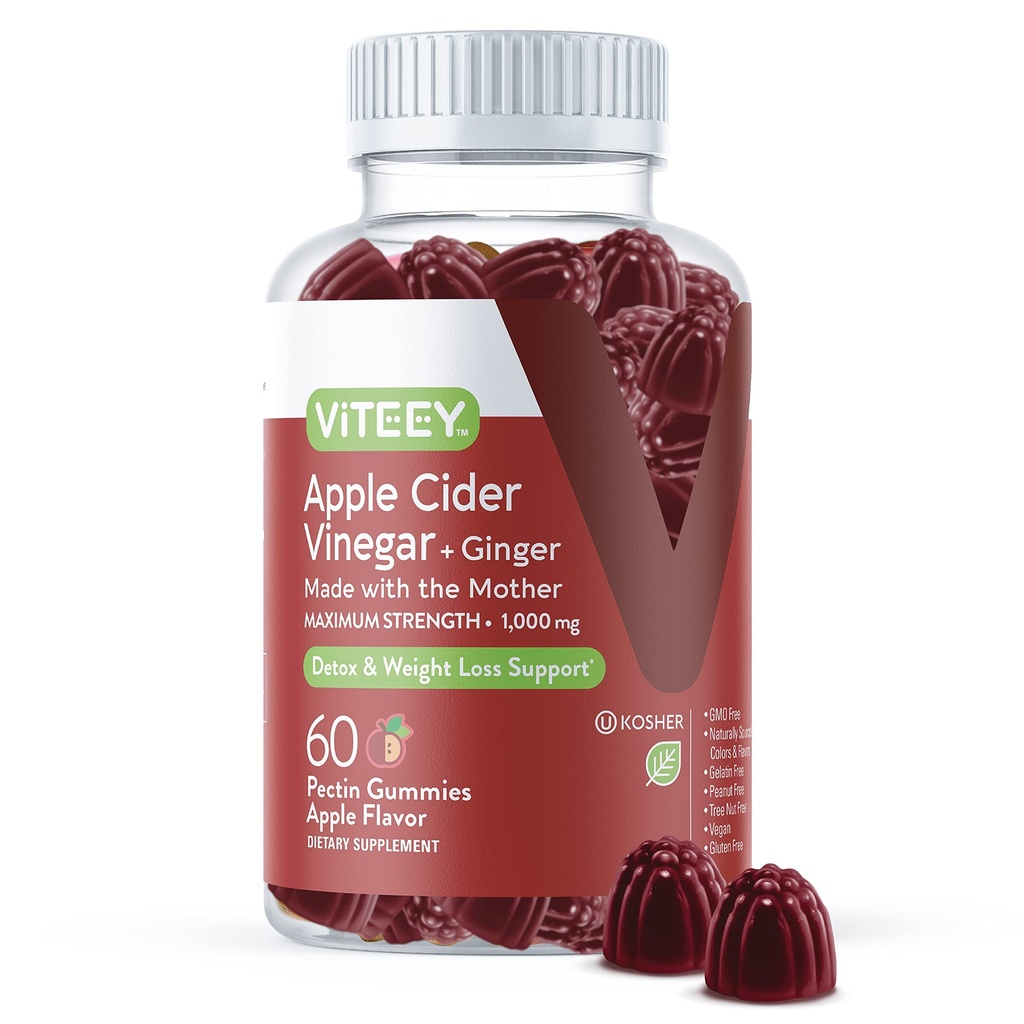 Viteey Apple Cider Vinegar Gummies in Ginger – 1000 mg ACV Gummies za hujšanje, detox in digestion – Vegan, Gluten-free – 60 Count