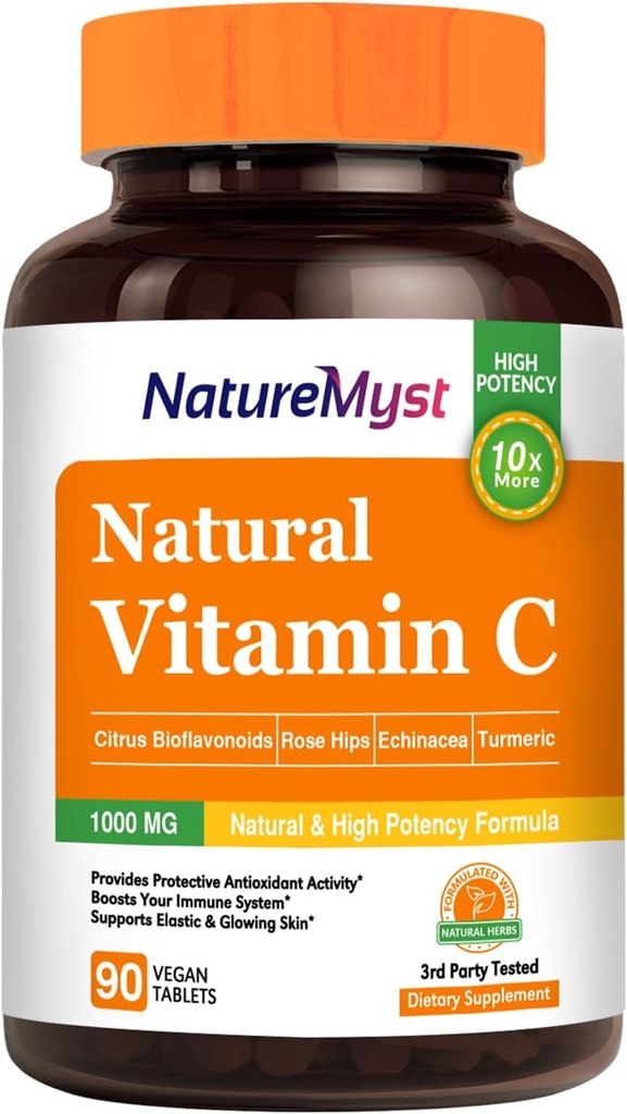 Tableta vitamina C, 1000 mg, naravna oblika, visoka jakost, bioflavonoidi citrusov, hip, ehinacea in kurkuma, zdravje imunskega sistema in kože, 90 veganskih tablet