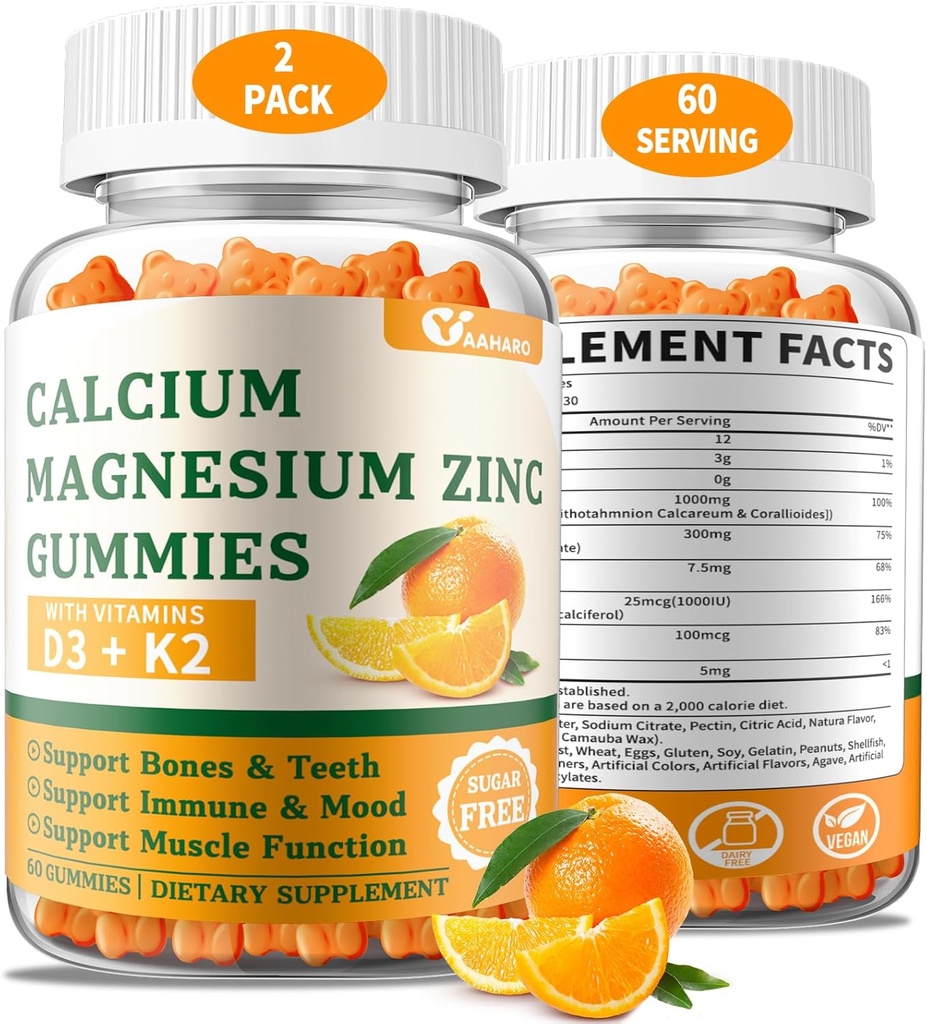(2 pakiranji) Kalcijev magnezijev cink Gumiji z vitaminom D3 & K2 - brez sladkorja kalcijevi gumiji za ženske in moške - podpora kosti in imunskega sistema - ne-GMO, brez glutena, oranžna - 120 Count