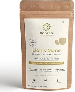 ROOTED Active Lions Mane Gobe Extract Prašek USDA Organic, 38% Verified Beta Glucans
