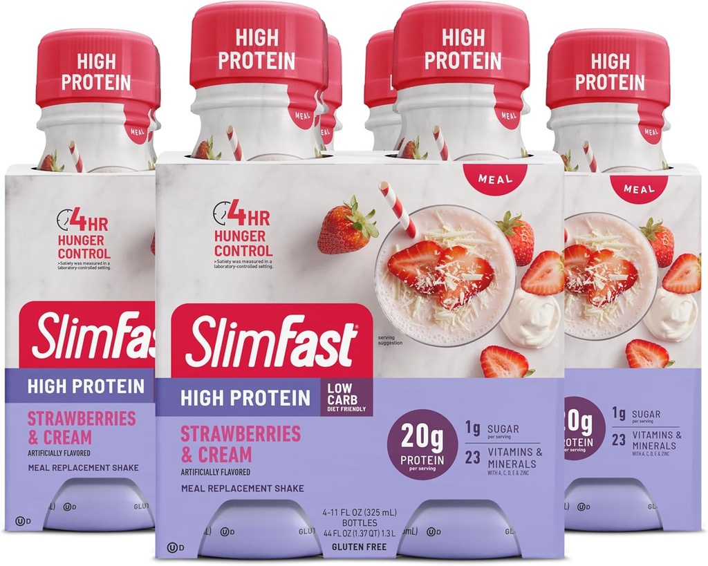 SlimFast Advanced Nutrition Meal zamenjava beljakovin Shake - pripravljen za pitje, roza, jagode in smetana, 4 steklenice (Pack of 3)