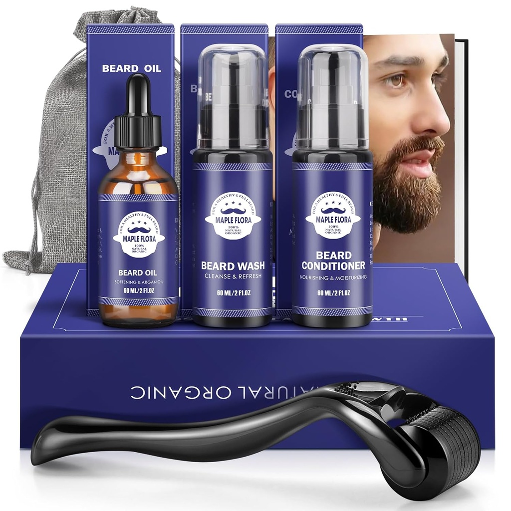 Beard darilni komplet - olje, wash, Conditioner, Roller (dolžina igle: 0,25mm) za brado, skladišče vrečko, mustache darila Set za fanta moža oče mu moški
