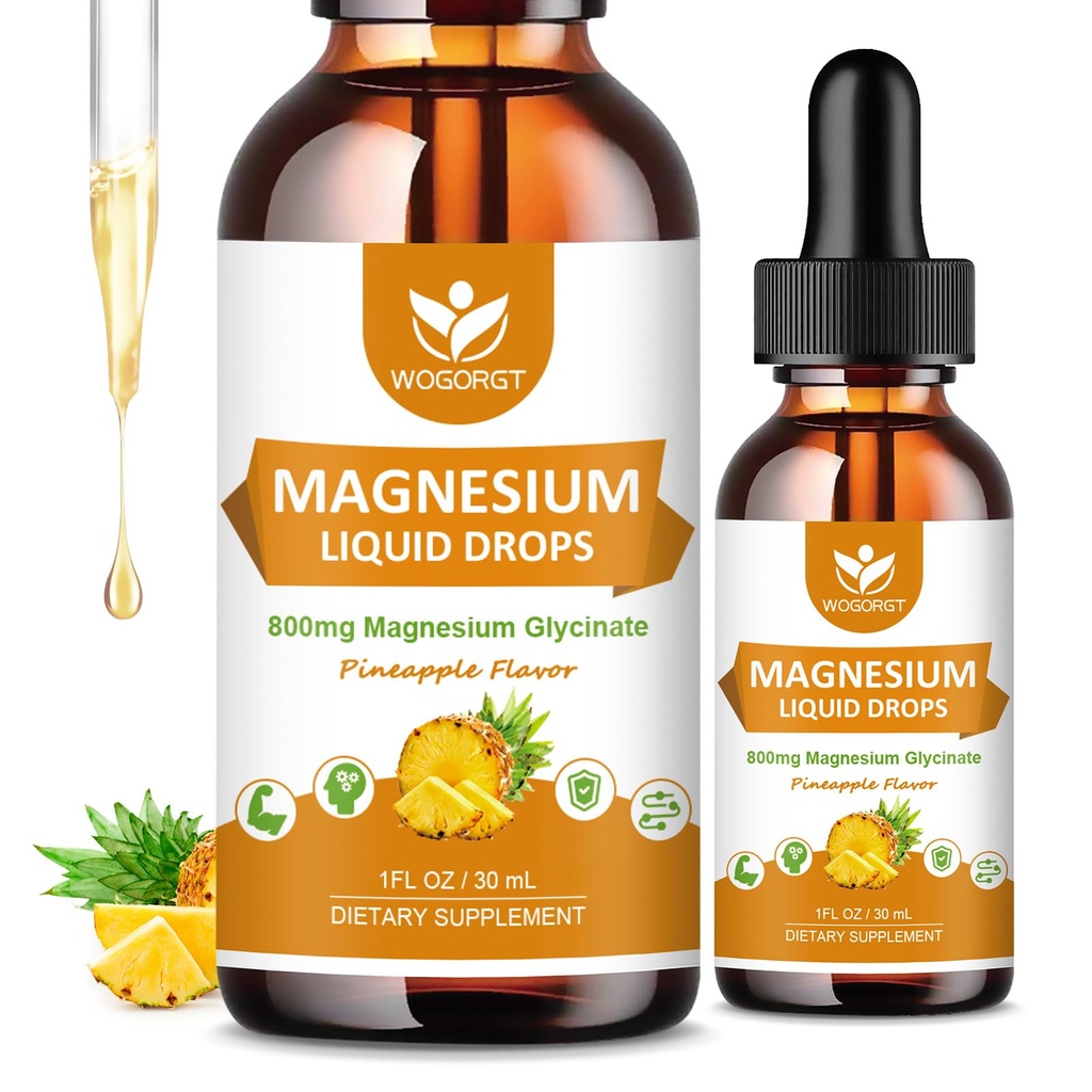 Magnezij Glicinat Tekoče kapljice s Citratom & Taurat - Kognicija, mišice & Fokus, Tekoči magnezijev kompleks dodatek z vitaminom D3, GABA, L-teanin, Ananasov okus - 1 Fl Oz (2 paket)