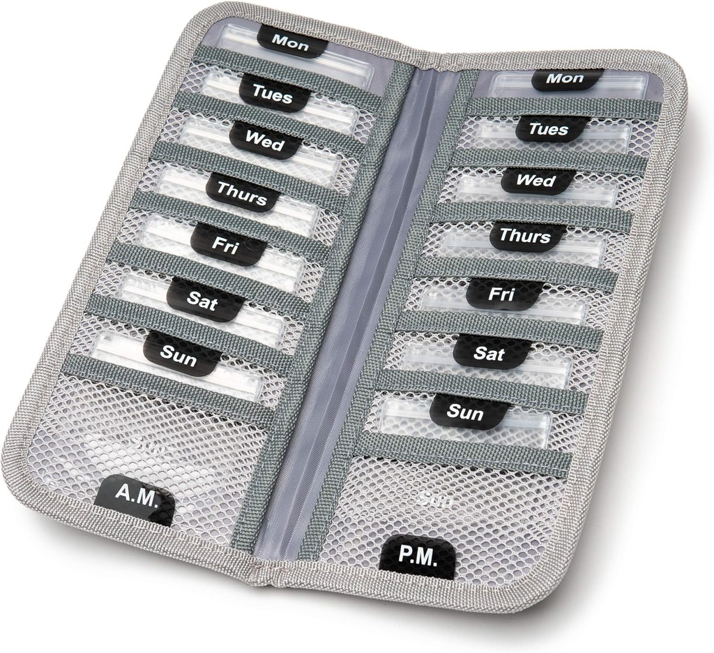 AM/PM Bi-Folding tablet Organizator + Dopolnilni primer za OTC Medicine, recept + vitamini - 14 Označena ponedeljek-nedeljski slide Lock vrečke, Siva potovalna tableta