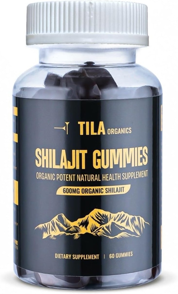 Tila organski himalajski Shilajit Resin Soft Gels - 60 Gummies, 600 mg- Naravni dodatek za moške in ženske z več kot 85 Trace minerali, Fulvic kislina in Hum Acid Vegan Gluten Free