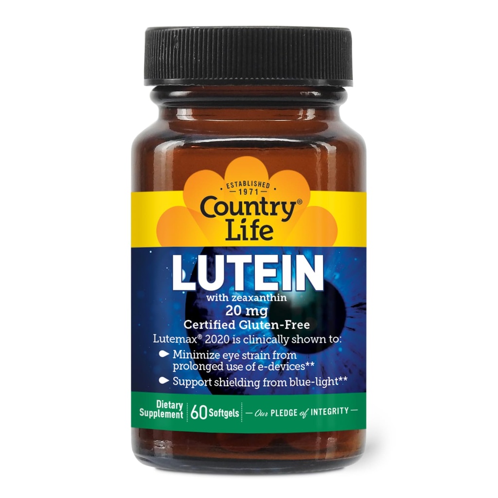 Country Life Lutein 20 mg dodatek - Certified Gluten-free - Podpora za zdravje oči z Lutein in Zeaksantin - Zmanjša očesni sev iz zaslonov - Brez kvasa, koruza, pšenica, mleko - 60 Mehkužci