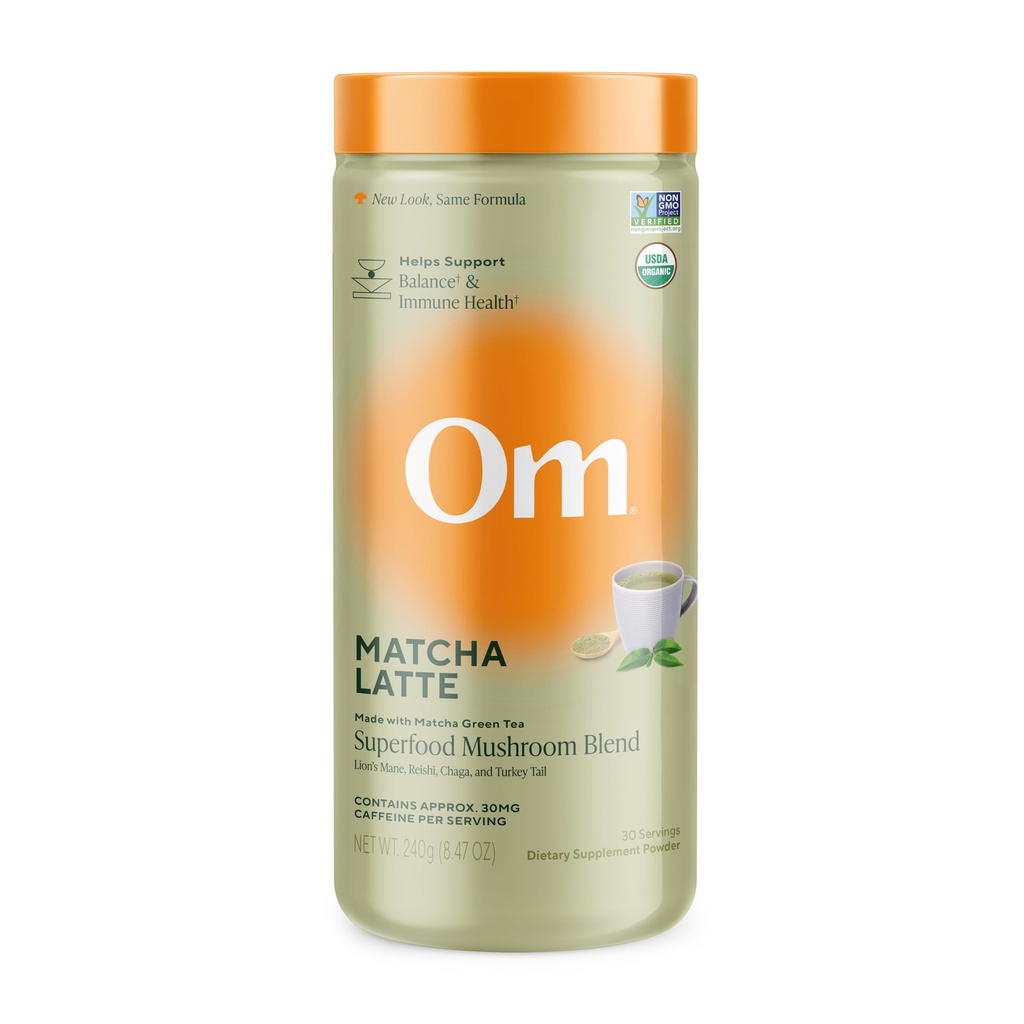 Om goba Superfood Matcha Latte Blend – Zelena čajna goba v prahu z levjo grivo, Reishi, Chaga & Turkey Tail – Focus, Calm & Stress Support – 8.47 oz Canister (30 strežajev)