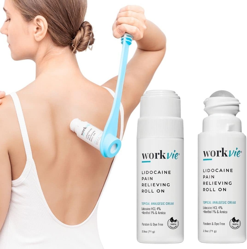 Lidokain Pain Relief Roll On 2 Pack & Easy Reach Applicator Tool – hitro delujoč topični lidokain Največja moč z Arnica Montana & Aloe Vera za mišice, sklepov, nazaj, vratu in nog