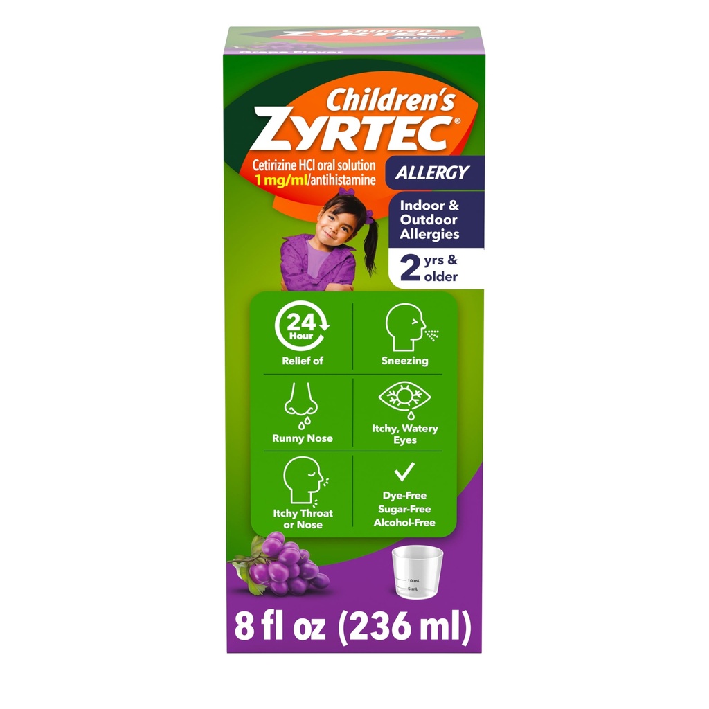 Otroški Zyrtec 24 ur Alergija Relief Syrup, 5 mg Cetirizin hidroklorid Antihistaminik, Otroci alergija Medicina za notranji & zunanji alergija Relief, Dye- & Sugar-free, Grozd, 8 fl.