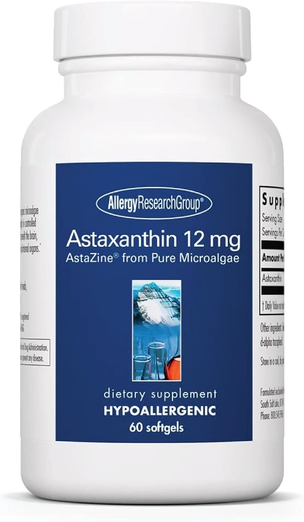 Alergija Raziskovalna skupina Astaksantin 12mg dodatek - iz organske mikroalge, zdravje oči, AstaZine Astaksantin, Naravni antioksidant, zdravje kože, Brain Function Support, Softgels - 60 Count