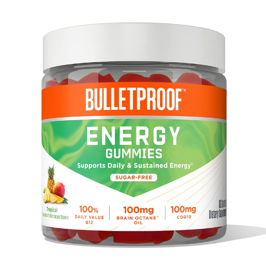 Neprebojni Sugar-free Tropical Energy Gummies, 60 Count, Dodatek za dnevno in trajno energijo s 100mg CoQ10, Dnevna vrednost B12, 100mg Brain Oil oktane