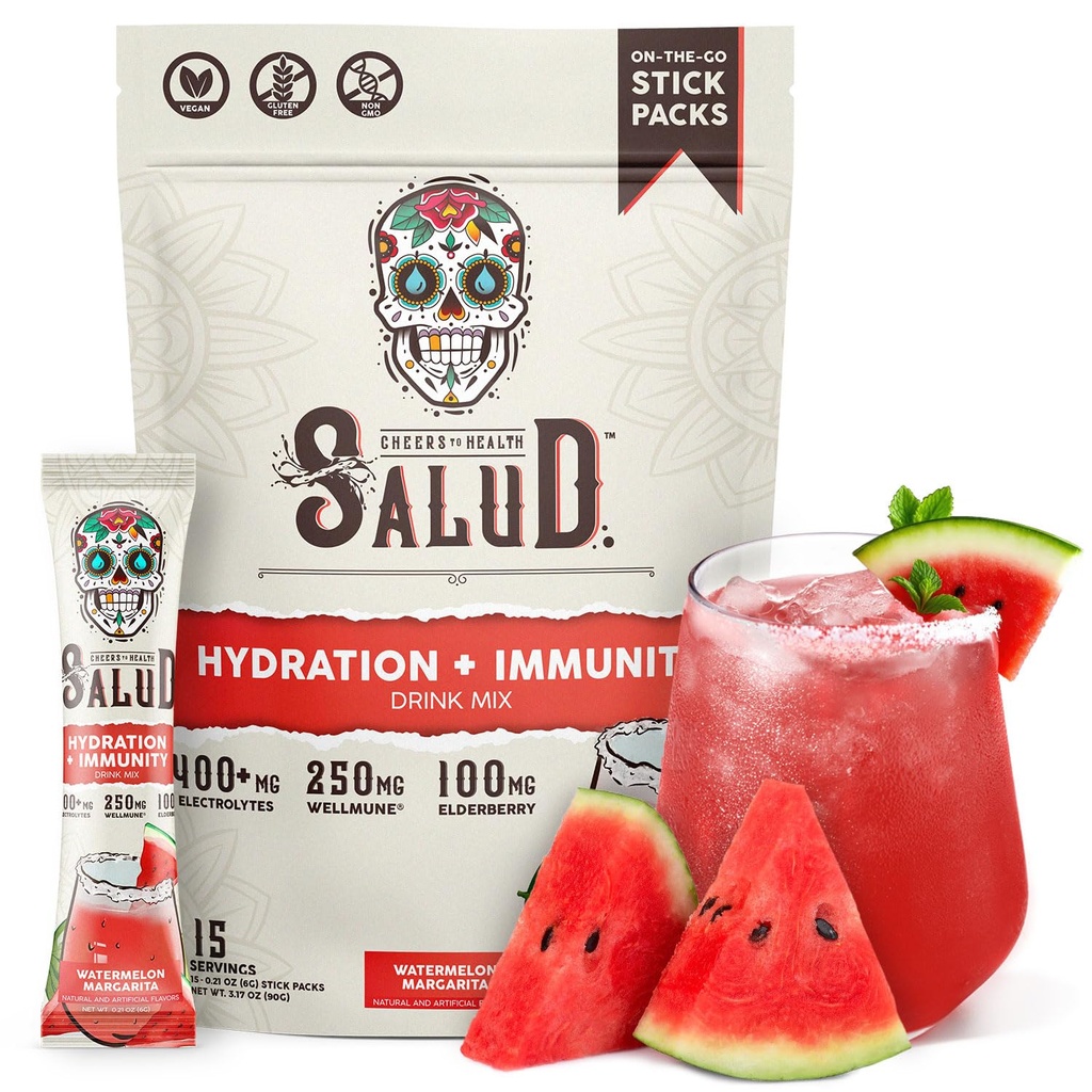 Na zdravje 2-v-1 Hidracija in immuniteta Elektroliti v prahu, lubenica Margarita - 15 Serving, pijača Agua Fresca Mix, Elderberry, Dairy & Soy Free, Non-GMO, Gluten Free, Vegan, Low Calorie, 1G sladkor