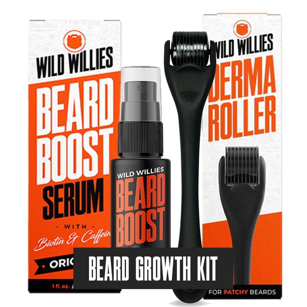 Divji Willies Bradavičast komplet za rast - Premium Derma Roller & Beard Boost Serum - Mikroneedle Roller & Brada rast las Serum z Biotin & Kofein za Fuller Beard, Skalp Care - Enostaven za uporabo Kit s primerom