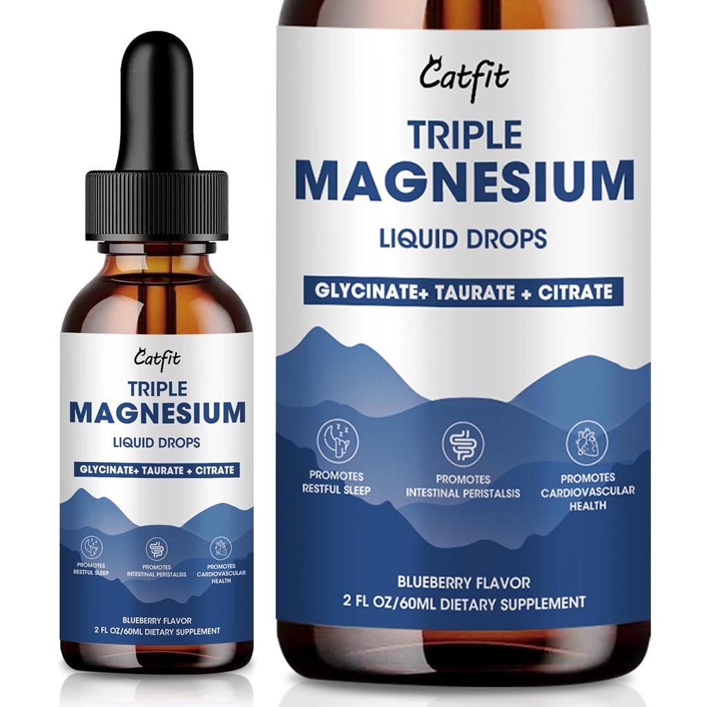 Magnezij Glycinate Tekoče kapljice s Taurat & Citrat, Magnezij dopolnilo za spanje, pomiritev in sprostitev, s kalijem & Omega-3, visoka absorpcijska formula, borovničeva aroma, 2 Fl Oz