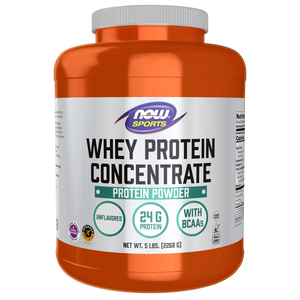 NOW Foods Sports Nutrition, Whey Protein Concentrat, 24 G z BCAA, brez arome v prahu, 5-pound
