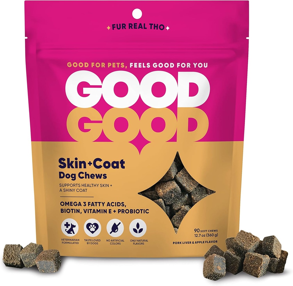 GoodGood Good Skin + Coat Dog Supplements; Podpira zdravo kožo in svetlečo prevleko; Žvečljiva mehko zdravljenje z Omega-3 maščobne kisline, in vitamin E; probiotiki; 90 naravnih žvečil