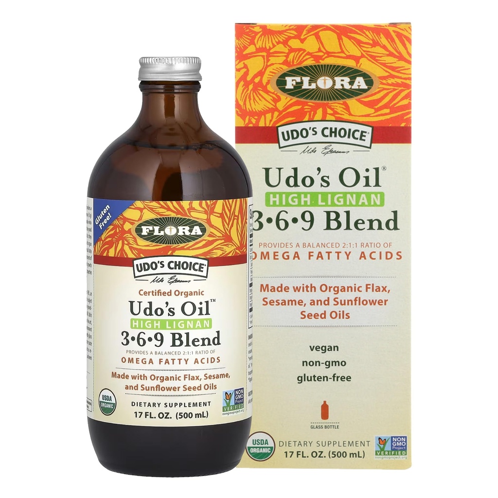 Flora - Udo's Choice High-Lignan 369 Omega olje mešanica, Udo olje uravnotežena 2:1:1 Razmerje Omega maščobnih kislin, Izdelano z organskim lanom, Sezam & sončnično olje, 17-oz. Steklenica