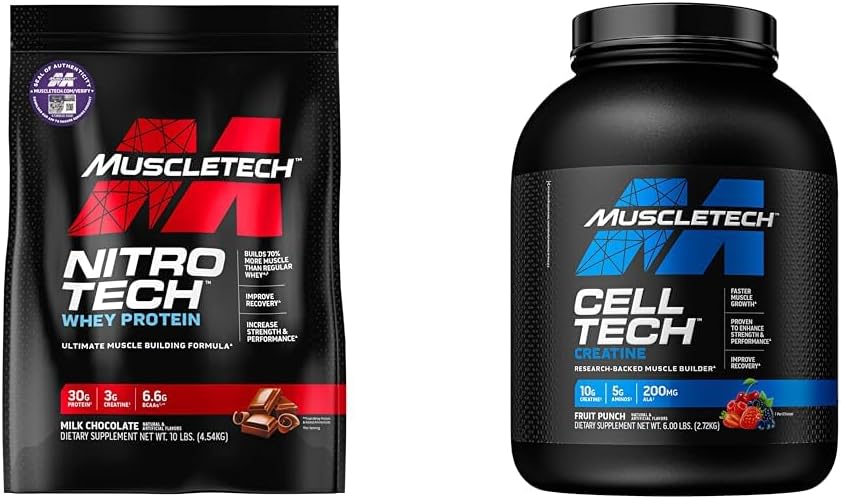 MuscleTech Whey Protein Powder Nitro-Tech Whey Protein Isolate & Peptide & nohidrat V prahu Cell-Tech Kreatin Prašek