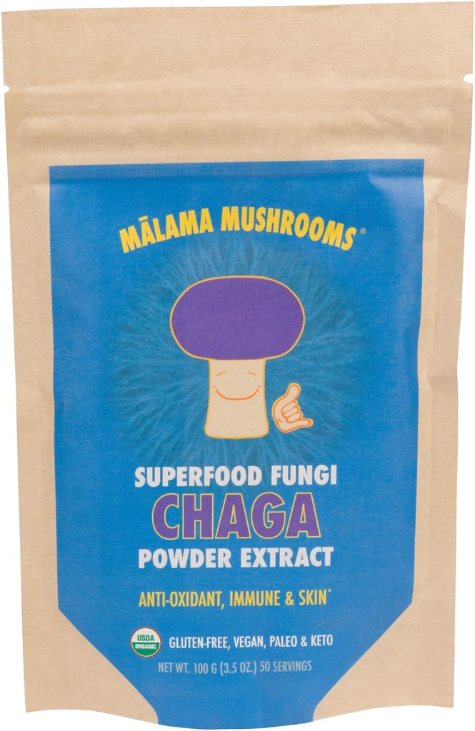 Chaga Extract Powder by Malama, Organski sadni Body Chaga Goba Powder, Superfood Adaptogene, Podpira imunski sistem, zdravje kože in utrujenost, 100 Serving