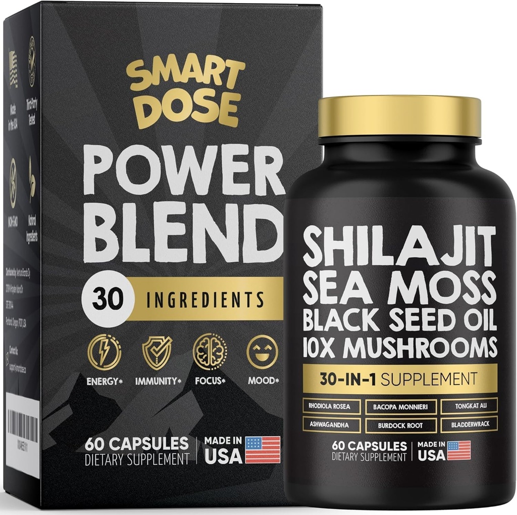 Moč Mešanica kapsule - 30-v-1 Dopolnilo Bundele z Shilajit 6000mg, Sea Moss 4000mg, črno olje semena 4000mg, Ashwagandha 2000mg, 10x gobe, Tongkat Ali, Maca, Holistične tablete Combo