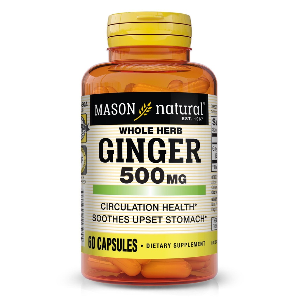 MASON NATURAL cel Herb Ginger 500 mg, 2 mesec oskrba, naravni zeliščni dodatek, 60 kapsul