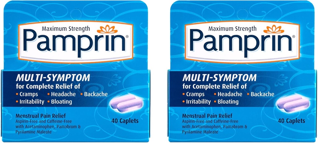 Pamprin Multi-Simptom Formula, z acetataminofen, Menstrualno obdobje Simptomi Relief, vključno z Cramps, bolečina, dražilnost in napenjanje, 40 Caplets (Pack z 2)