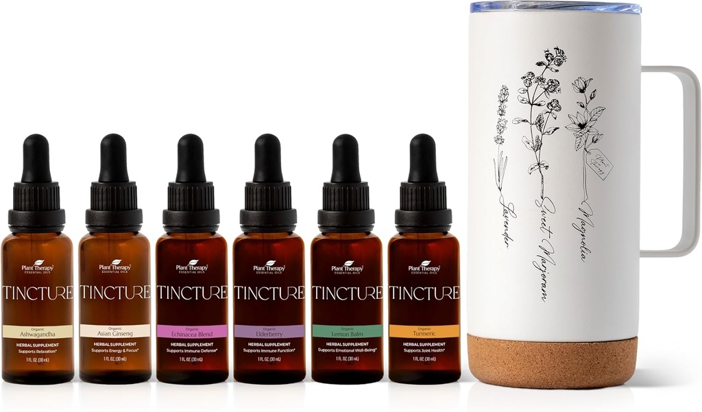 Rastlinska terapija Skupni paket Tinkture Vključuje 30 ml vsakega organskega Ashwagandha, Asian Ginseng, Echinacea Blend, Elderberry, Lemon Balm, Kurkurja & Travel Mug