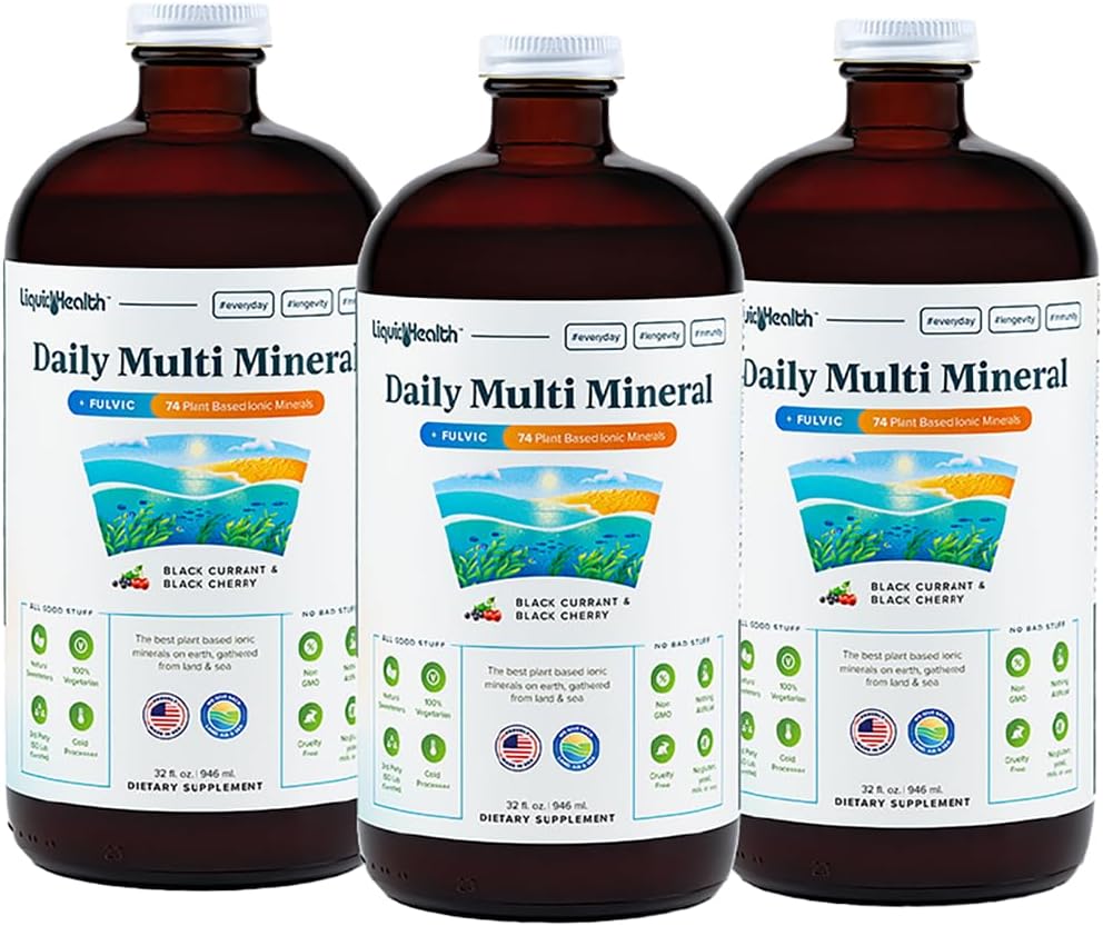 LIQUIDHEALTH Daily Multi Mineral Liquid Supplement z Fulvic Acid, Rastlinski Ionic Aquamin Sea Trace Ocean Minerals - Imunska podpora, Energy, Gut Health, Detox - Made in USA, Vegetarian (3 Pack)