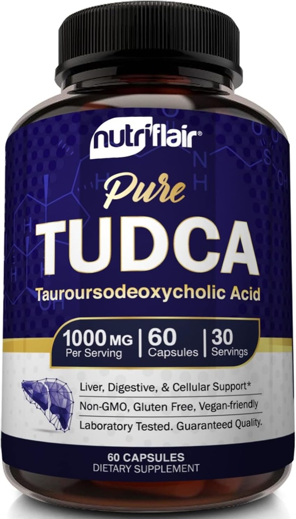 NutriFlair Pure TUDCA 1000mg - Premium Tauroursodeoksiholična kislina Bile soli, Detox & Cleanse, Non-GMO, Gluten-free. Jetra, Ledvice & Gallbladder Podpora- Izdelano v ZDA, 60 kapsul