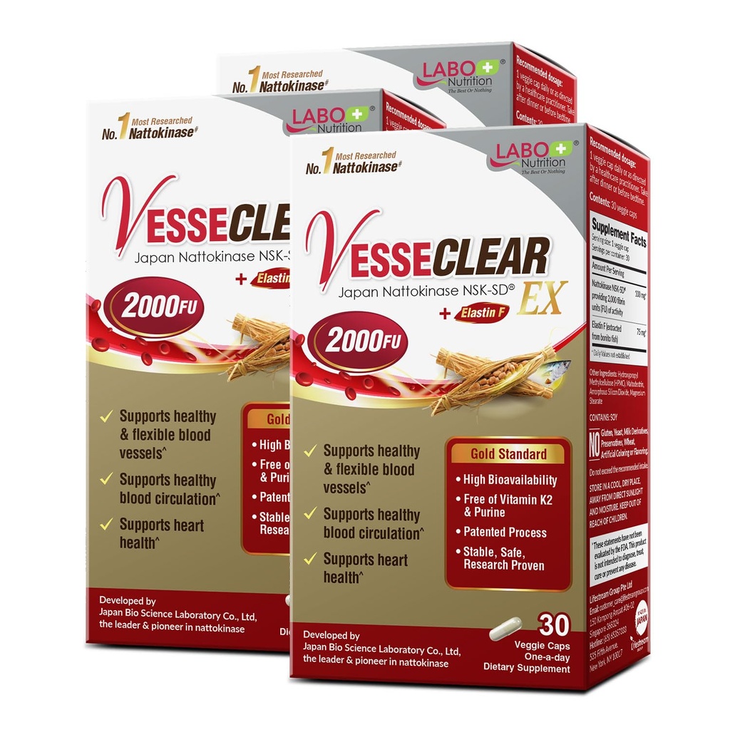 LABO Nutrition Vesseclear EX: Nattokinase NSK-SD+Elastin F za čisto in prožno krvno žilo. Japonski najbolj klinično raziskan, Funkcionalni odmerek, kislo-odporne/zapoznele kapsule za sproščanje, 90 število